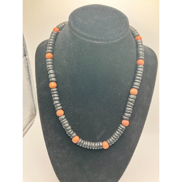 Black and Brown Wood Beaded Stretch Unisex 18 1/8 Inch Necklace! - Picture 2 of 6